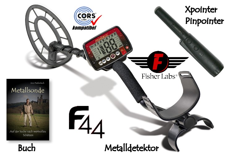 Fisher F44 Premiumpaket (Metalldetektor & Quest Xpointer Farbe orange & Schatzsucherhandbuch)